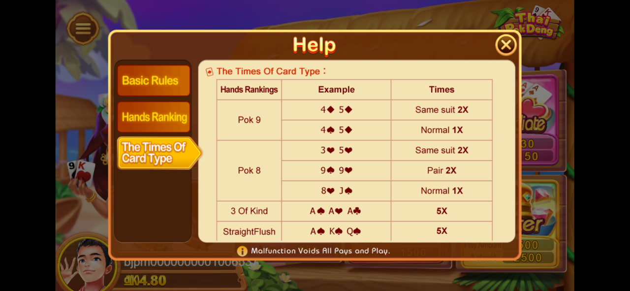 Hệ số thưởng cho từng cặp b&agrave;i trong game Thai Pok Deng của nh&agrave; c&aacute;i BJ88