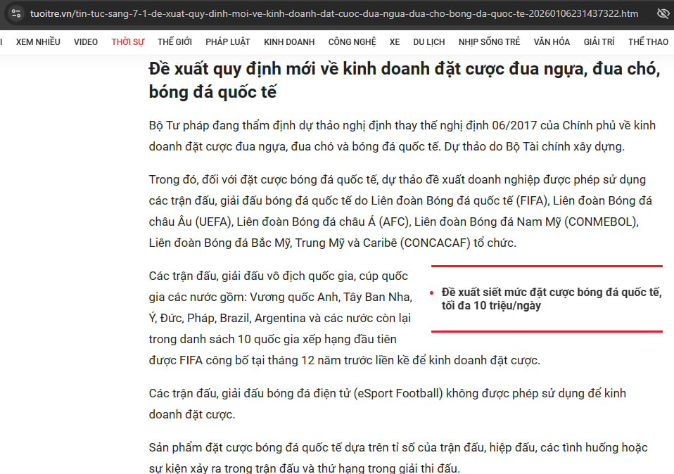 Cá cược thể thao tại Việt Nam đã hợp pháp? – Thực trạng 2026 và góc nhìn từ chuyên gia 4 Bộ Tư pháp đang thẩm định dự thảo nghị định thay thế nghị định 06/2017 của Chính phủ về kinh doanh đặt cược đua ngựa, đua chó và bóng đá quốc tế. Dự thảo do Bộ Tài chính xây dựng. Nguồn ảnh: Báo Tuoitre.vn ngày 07/01/2026