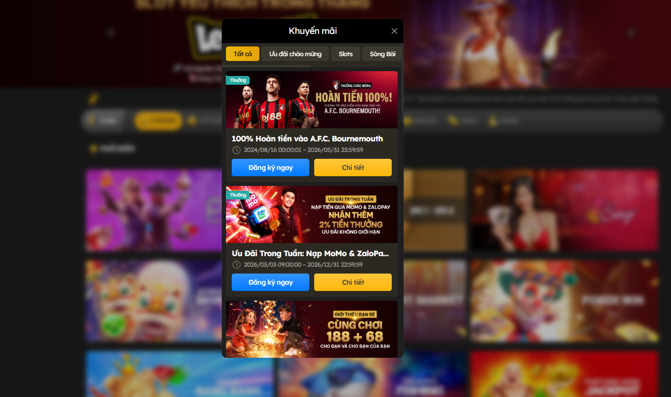 BJ88 ✅ BJ88.COM | Nhà Cái Đá Gà, Thể Thao, Casino Uy Tín 19 BJ88 có chính sách hoàn cược lên đến 100% khi đặt cược vào AFC Bournemouth